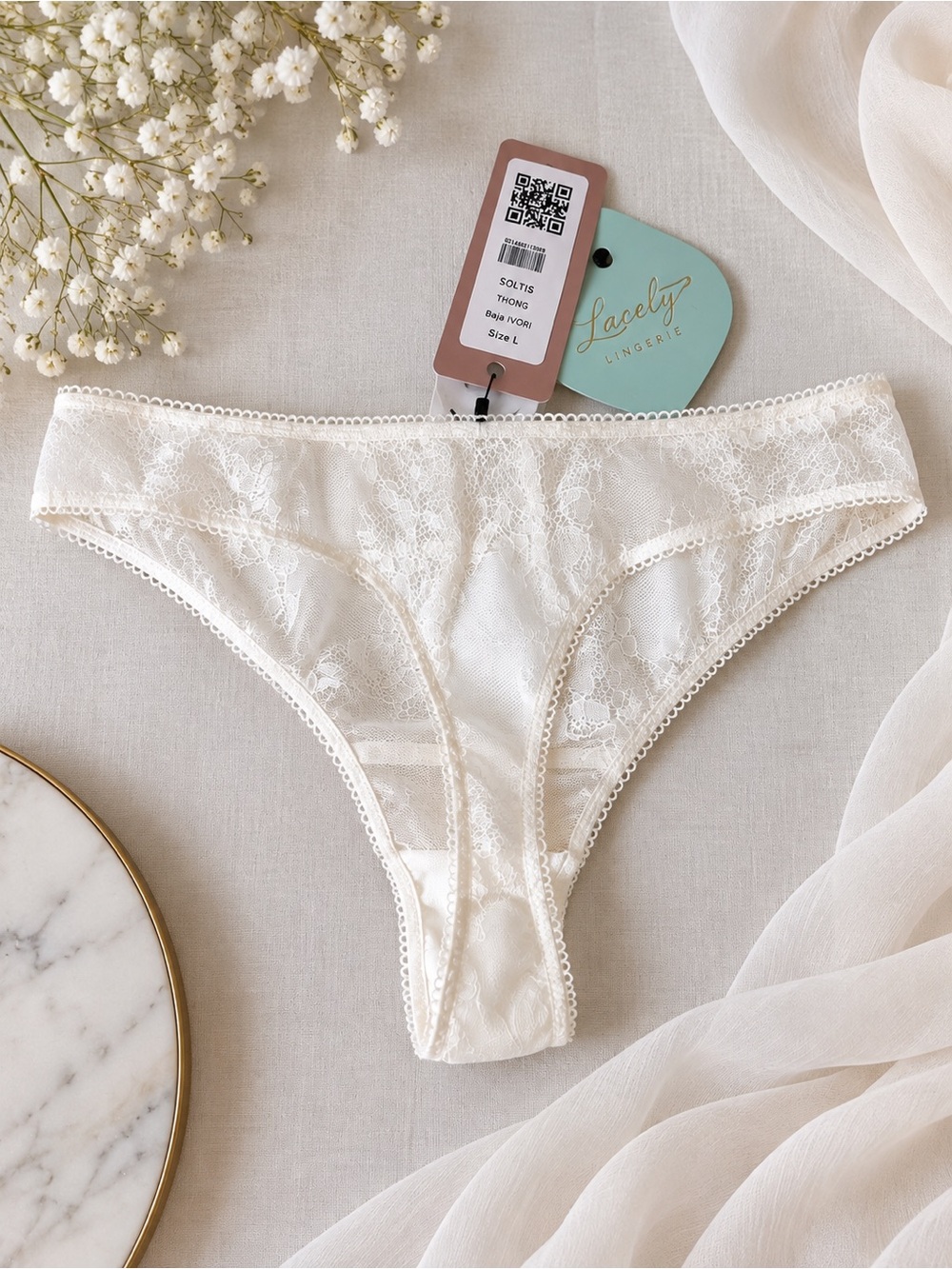 NWT Lacely Lingerie Soltis Ivory Floral Lace Thong Panties Sz Large